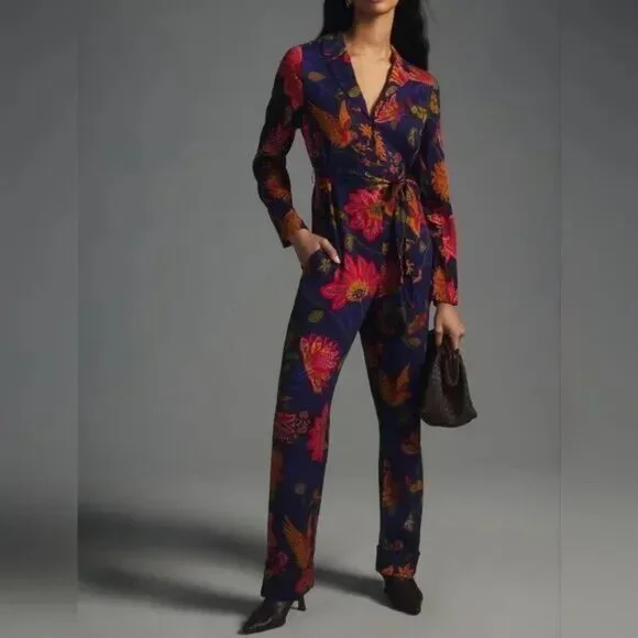 Anthropologie Farm Rio Size L Jumpsuit Tie-Waist Blue Floral Bird Motif